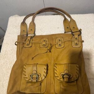 Mustard Yellow Leather Tote Bag with Front Pockets